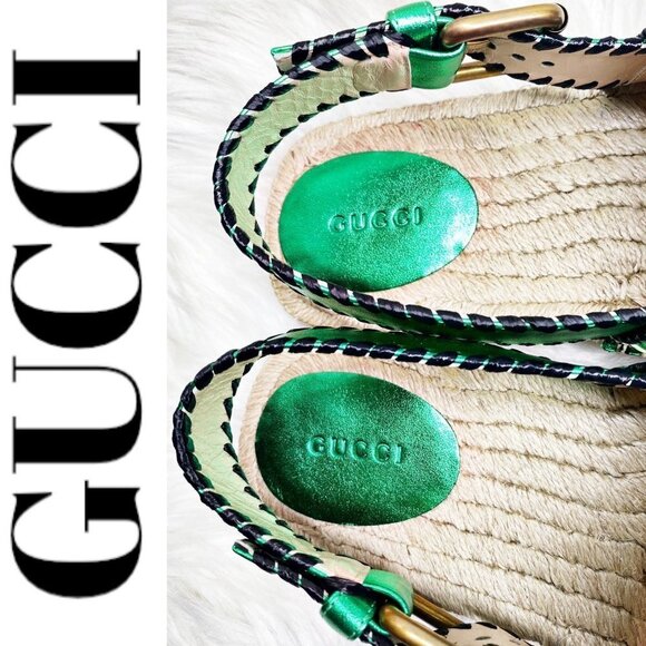 NWT GUCCI Nappa Silk Leather GG Logo Metallic Green Platform Espadrilles, 35 - Picture 7 of 14